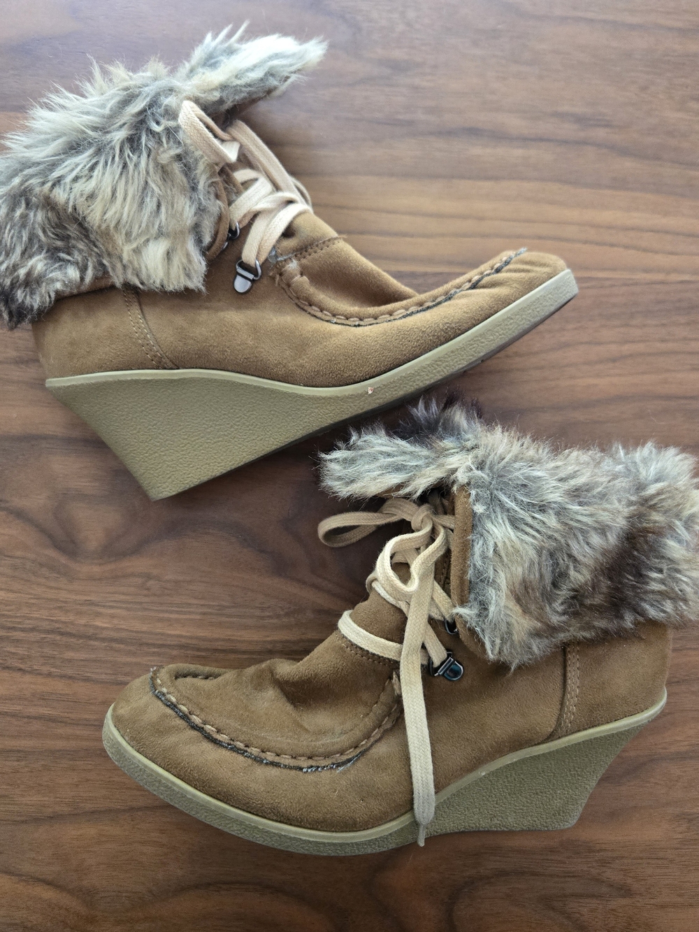 Boho Faux Fur Trim Suede Wedge Ankle Boots Lace Up Tan 9